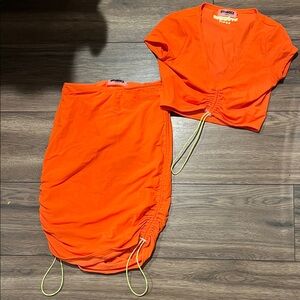 Orange Ruched Skirt and Top Set